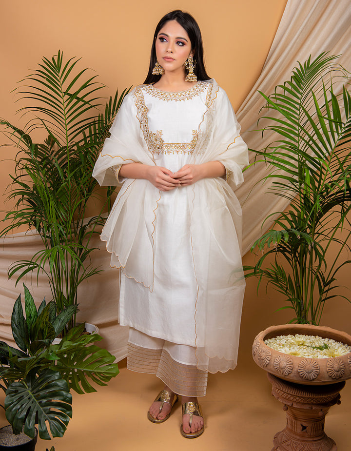 White hand chanderi silk kurta with silk palazzo and organza dupatta- Set of 3