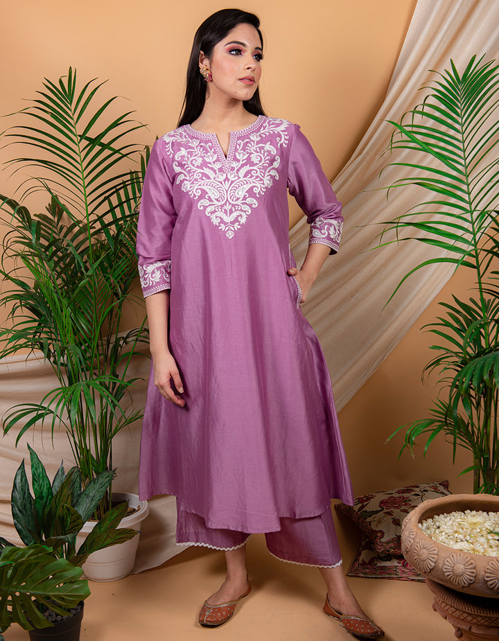 Purple chanderi silk kurta with silk palazzo - Set of 2