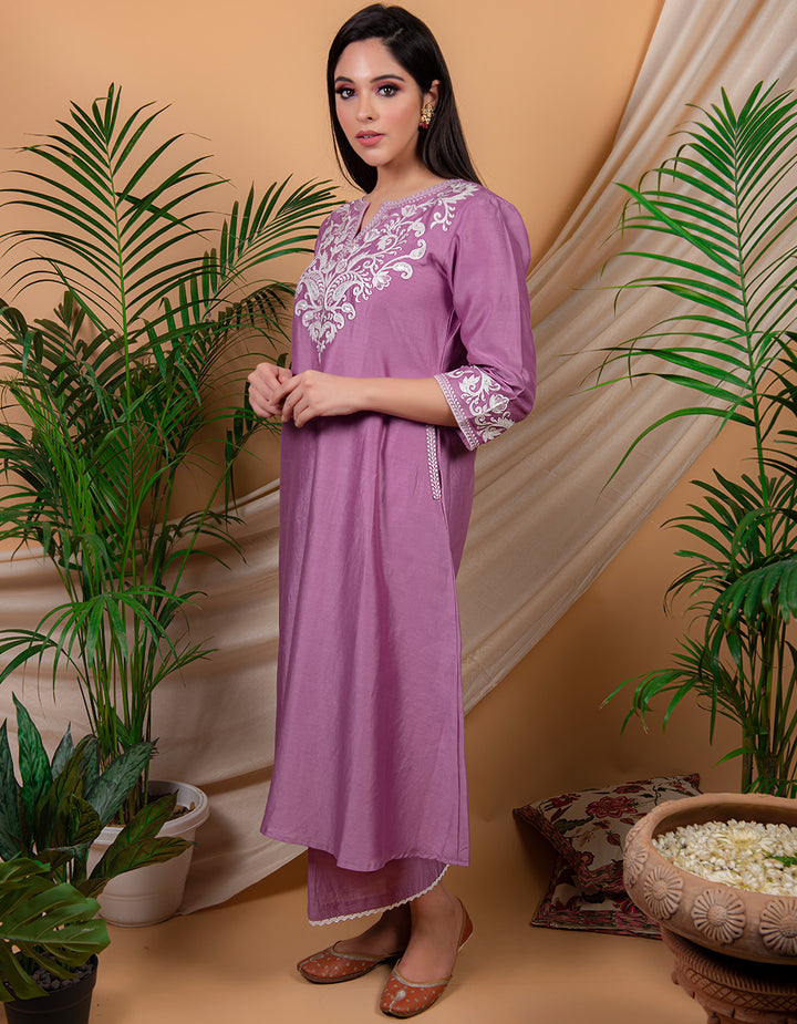 Purple  embroidered chanderi silk kurta with silk palazzo and organza dupatta- Set of 3