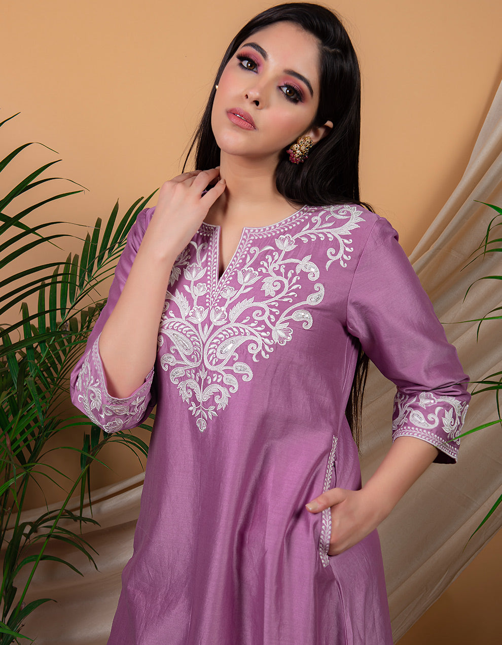 Purple chanderi silk kurta with silk palazzo - Set of 2