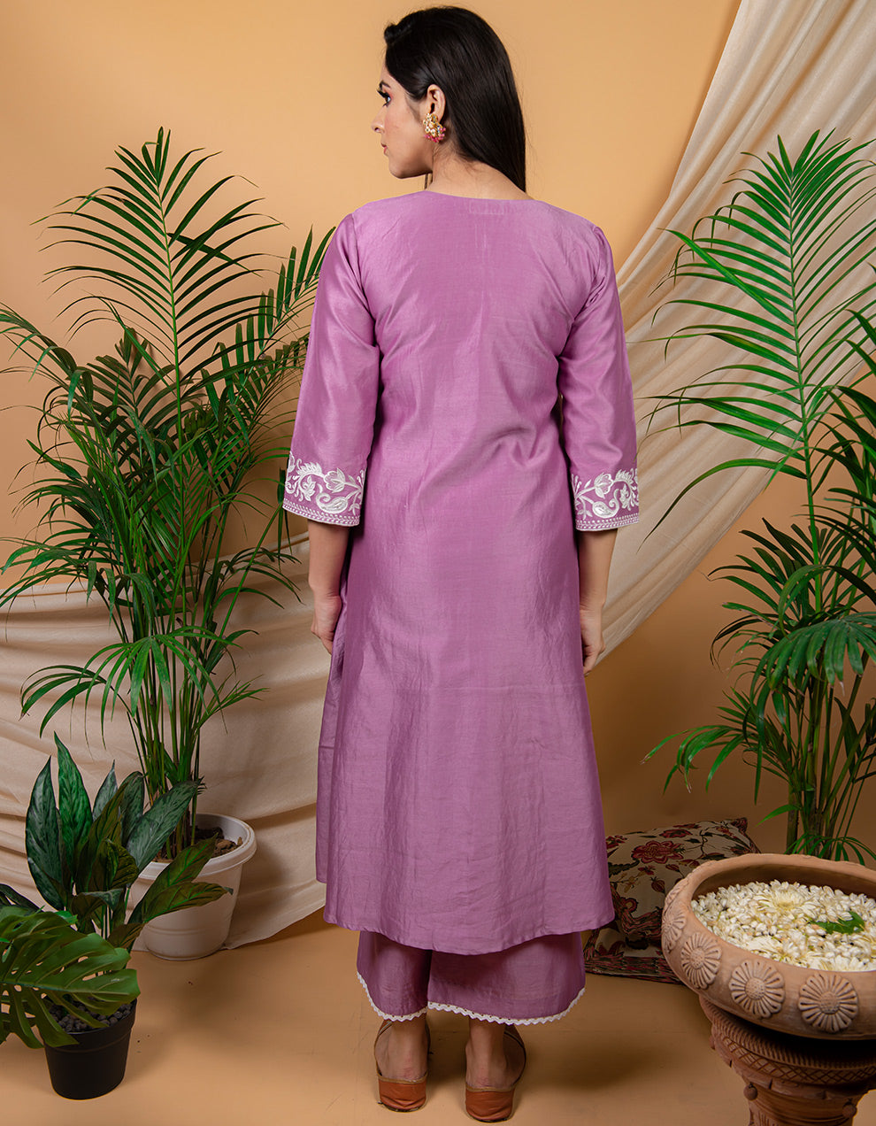 Purple chanderi silk palazzo with lace