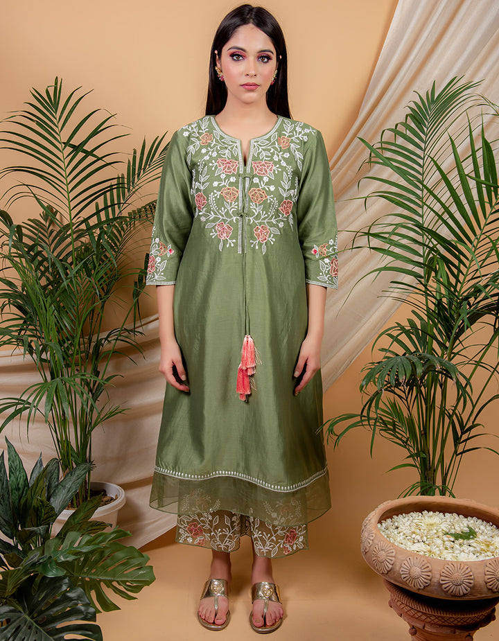 Green chanderi silk kurta with palazzo and organza dupatta- Set of 3