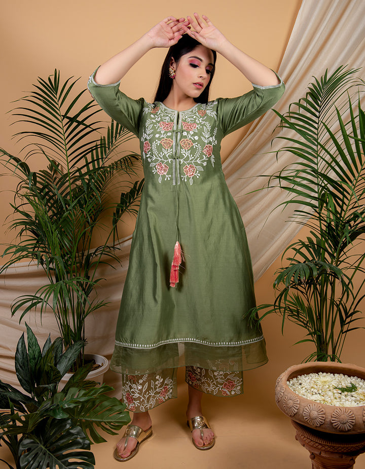 Green chanderi silk kurta with palazzo - Set of 2