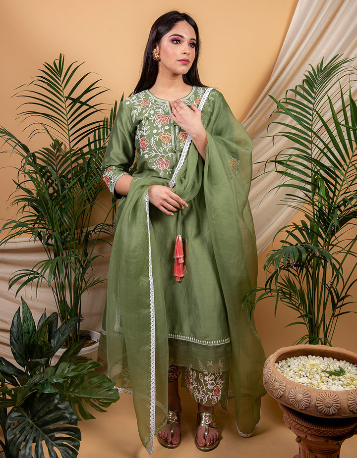 Green chanderi silk kurta with palazzo and organza dupatta- Set of 3