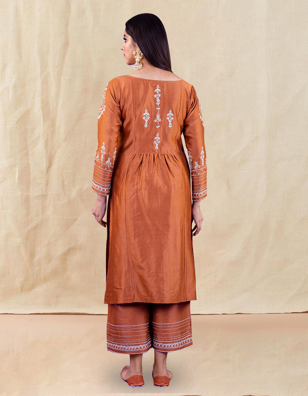 Brown Hand Embroidered Chanderi Silk Kurta With Silk Palazzo And Organza Dupatta- Set Of 3