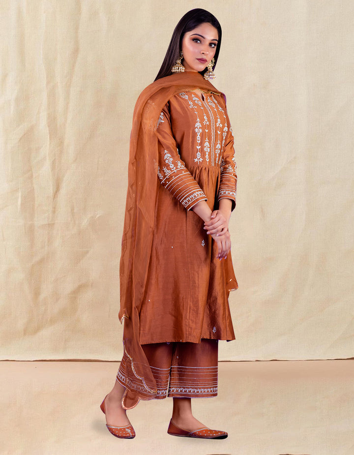 Brown Embroidered Chanderi Silk Pants