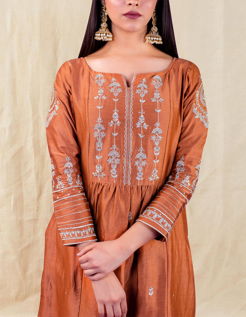 Brown Hand Embroidered Chanderi Silk Kurta With Silk Palazzo - Set Of 2