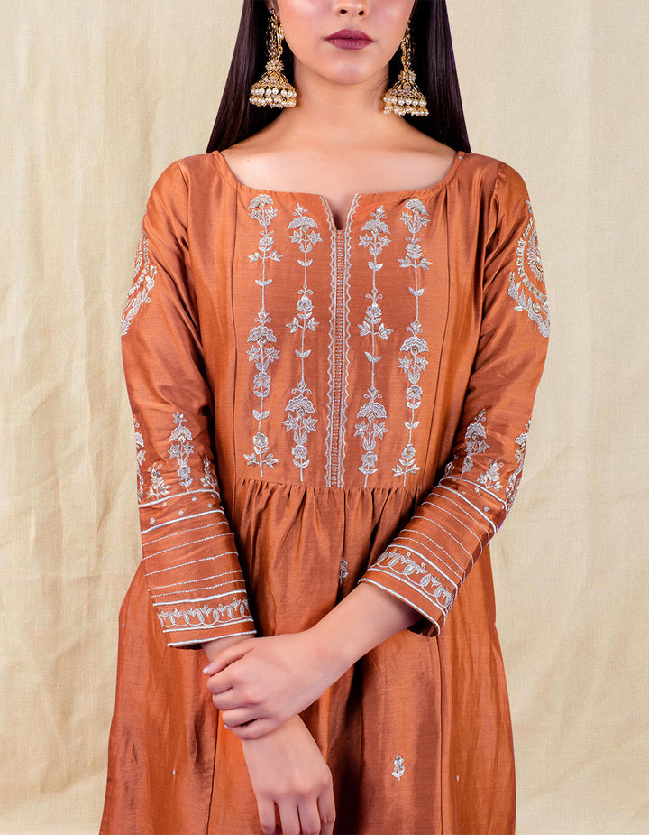 Brown Hand Embroidered Chanderi Silk Kurta With Silk Palazzo And Organza Dupatta- Set Of 3