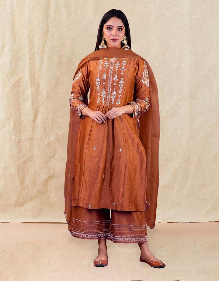 Brown Hand Embroidered Scalloped Organza Dupatta