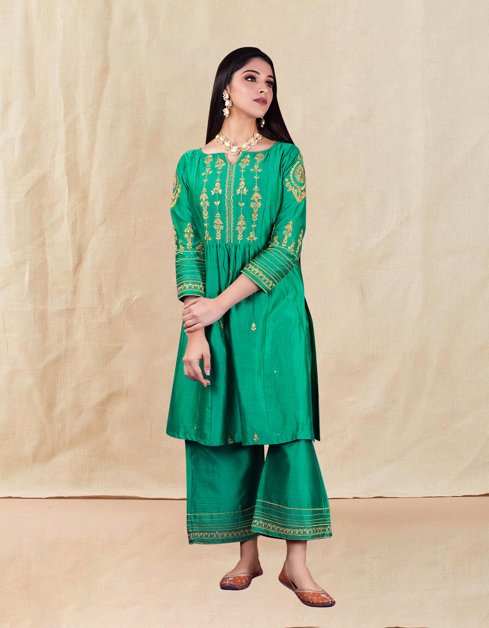 Green Hand Embroidered Chanderi Silk Kurta