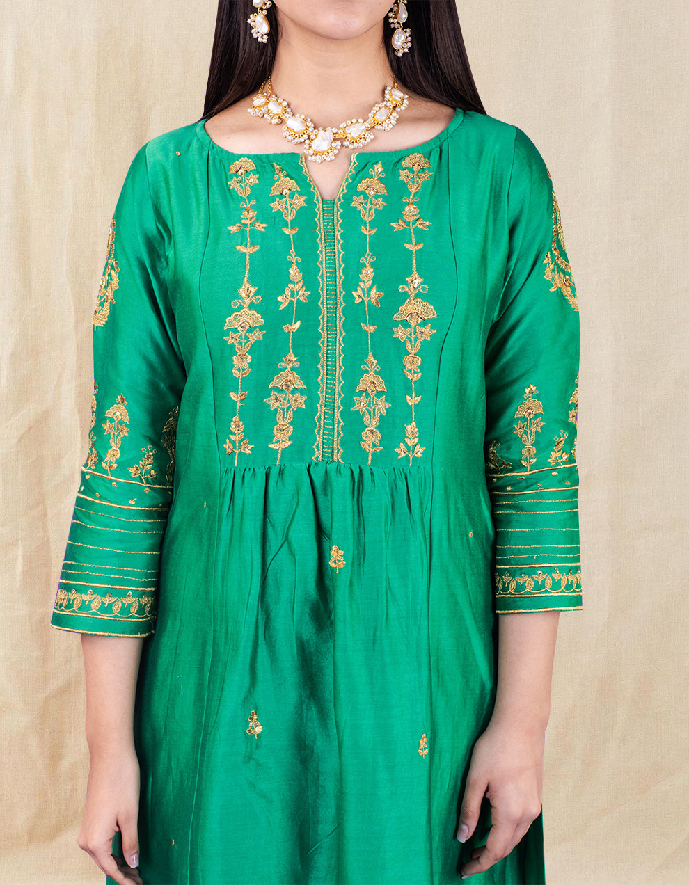 Green Hand Embroidered Chanderi Silk Kurta With Silk Palazzo - Set Of 2