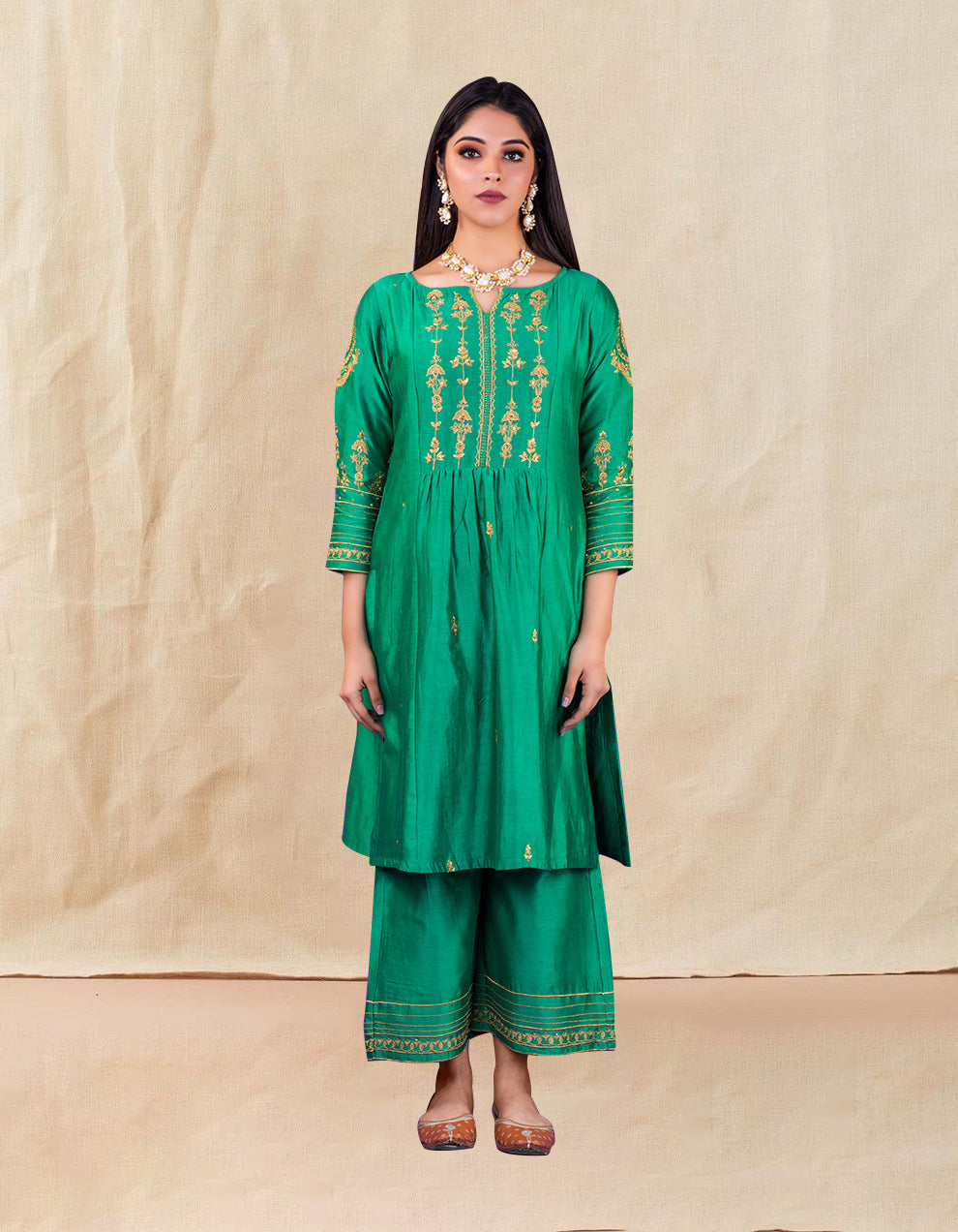 Green Hand Embroidered Chanderi Silk Kurta With Silk Palazzo - Set Of 2