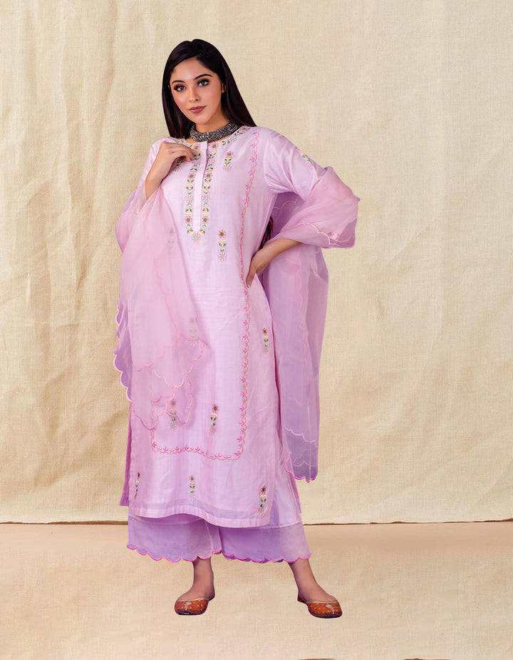 Pink embroidered chanderi silk kurta with silk palazzo and organza dupatta- Set of 3