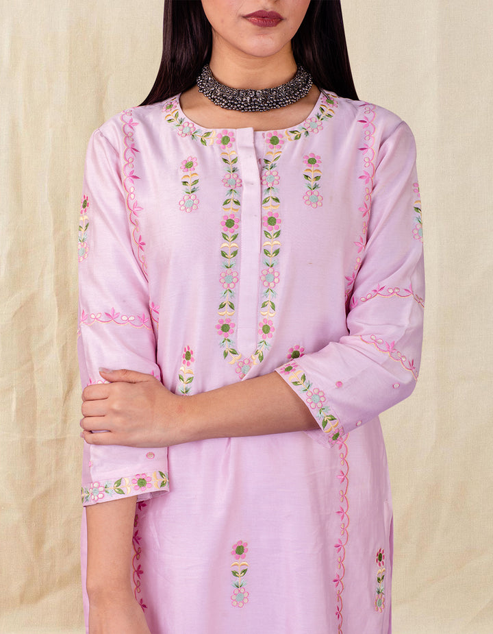 Pink embroidered chanderi silk kurta