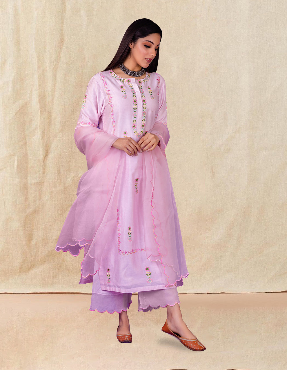 Pink embroidered chanderi silk kurta with silk palazzo and organza dupatta- Set of 3