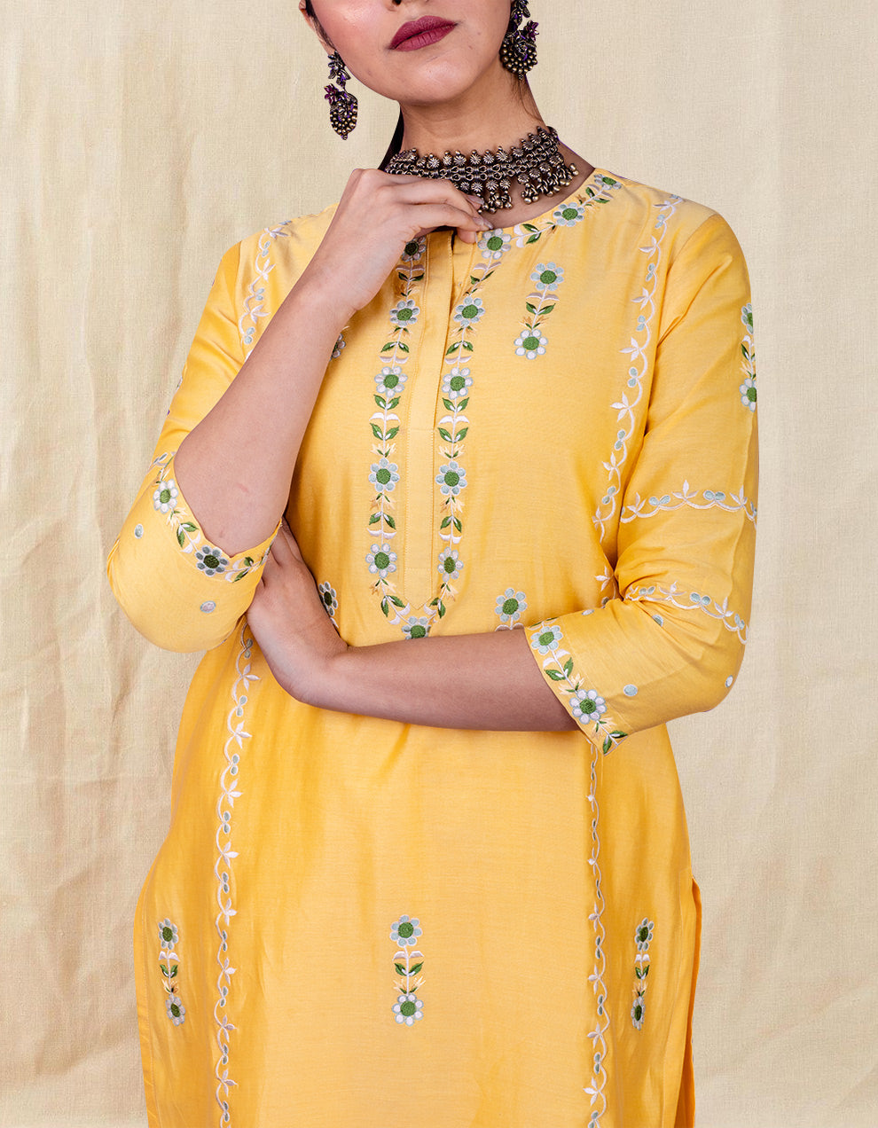 Yellow embroidered chanderi silk kurta with silk palazzo - Set of 2