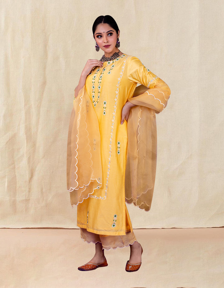 Yellow embroidered chanderi silk kurta