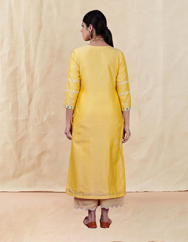 Yellow embroidered chanderi silk kurta