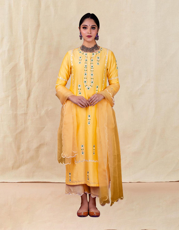 Yellow scalloped chanderi silk Pants