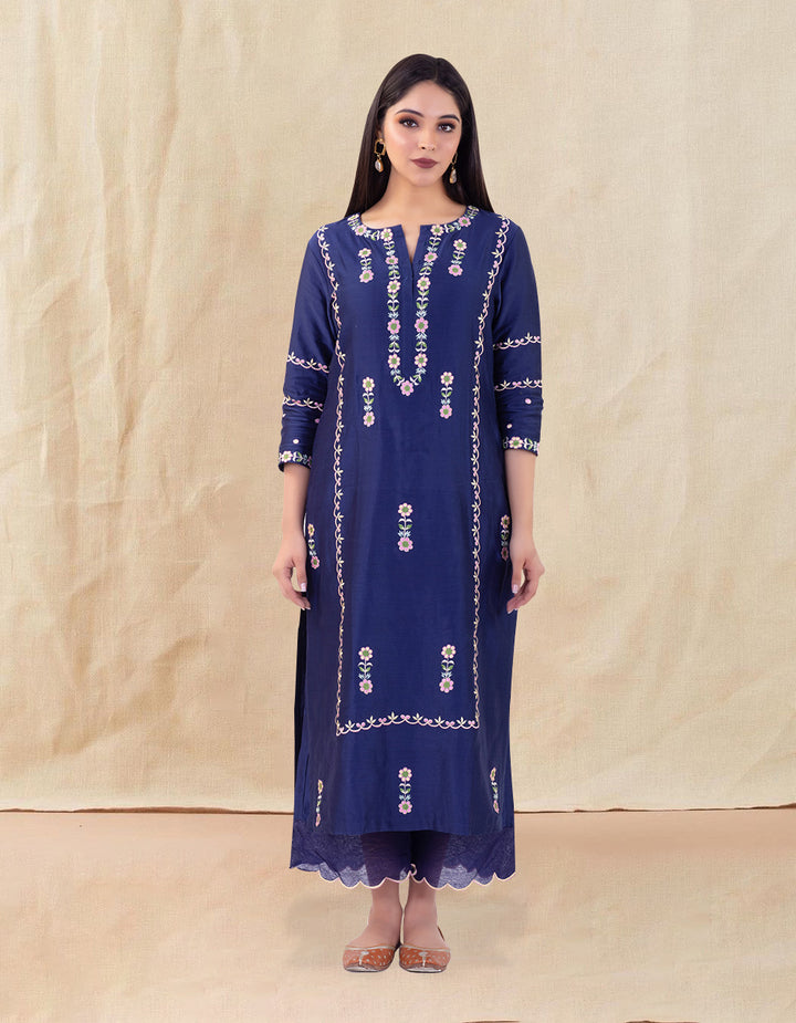 Blue embroidered chanderi silk kurta with silk palazzo and organza dupatta- Set of 3