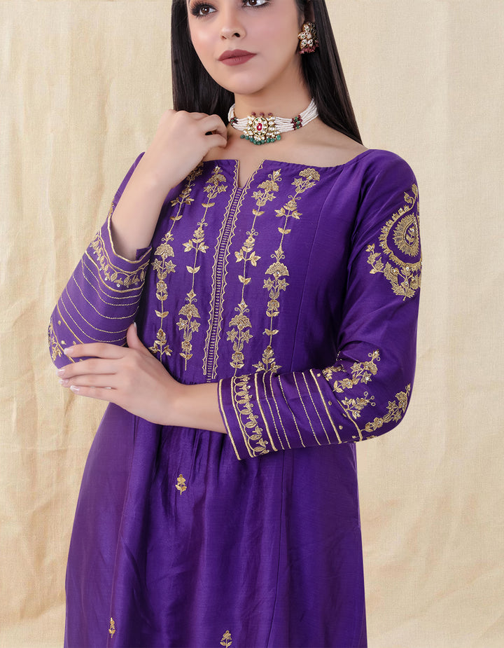 Purple hand embroidered chanderi silk kurta with silk palazzo and organza dupatta- Set of 3