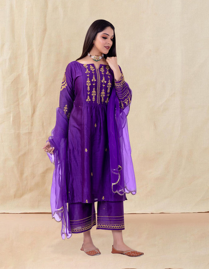 Purple hand embroidered chanderi silk kurta with silk palazzo and organza dupatta- Set of 3