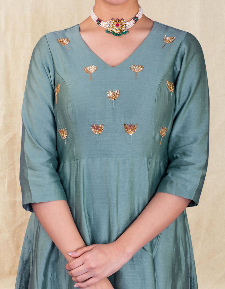 Sea Green hand embroidered chanderi silk kurta with silk palazzo and organza dupatta- Set of 3