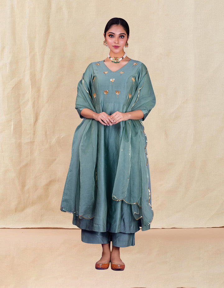 Sea Green hand embroidered chanderi silk kurta with silk palazzo and organza dupatta- Set of 3