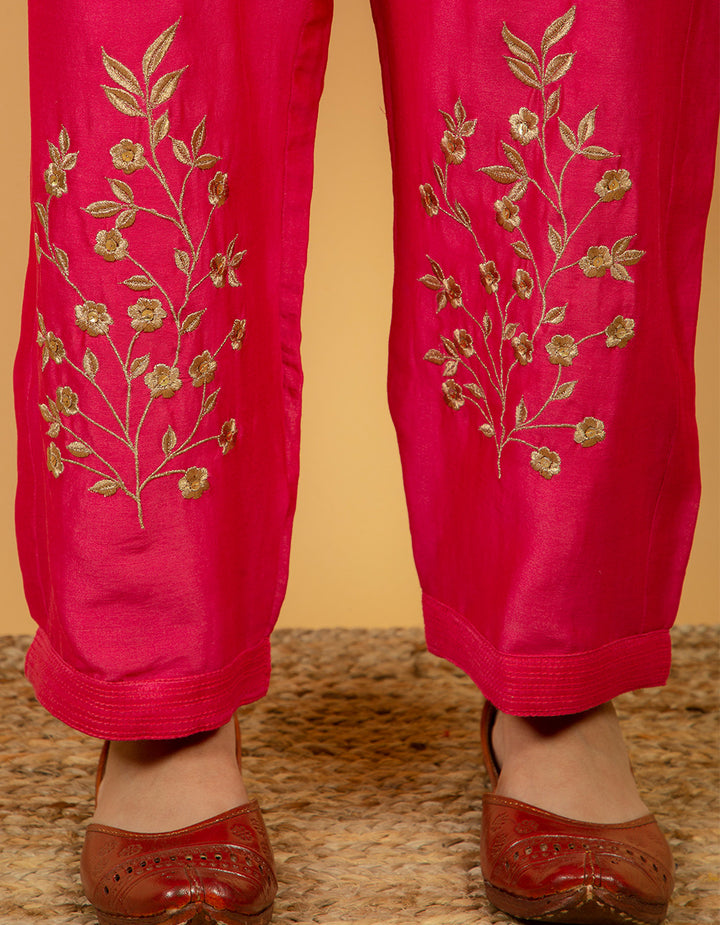 Pink chanderi silk kurta with silk pants - Set of 2