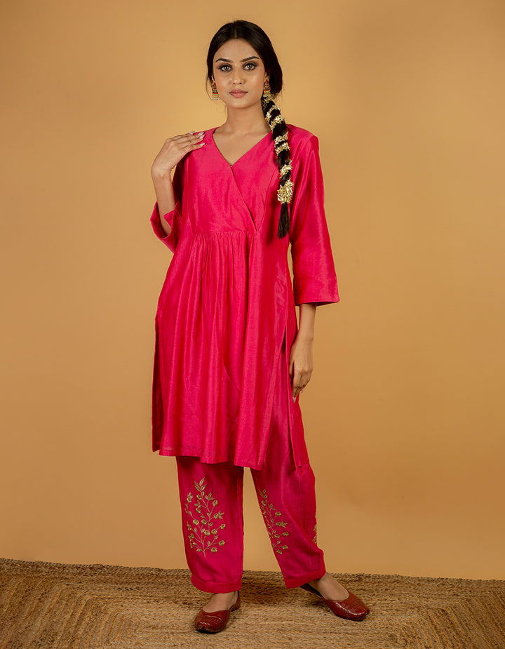 Pink chanderi silk kurta with silk pants - Set of 2