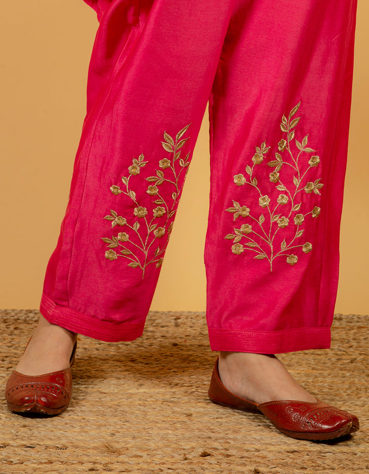 Pink chanderi silk kurta with silk pants - Set of 2