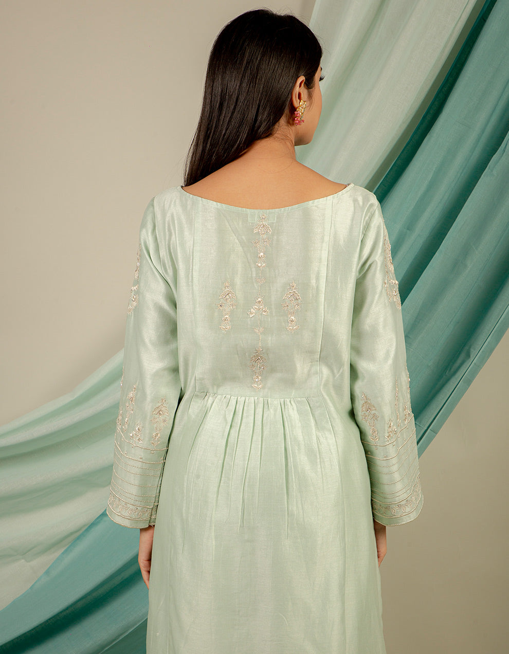 Pastel green embroidery chanderi silk kurta