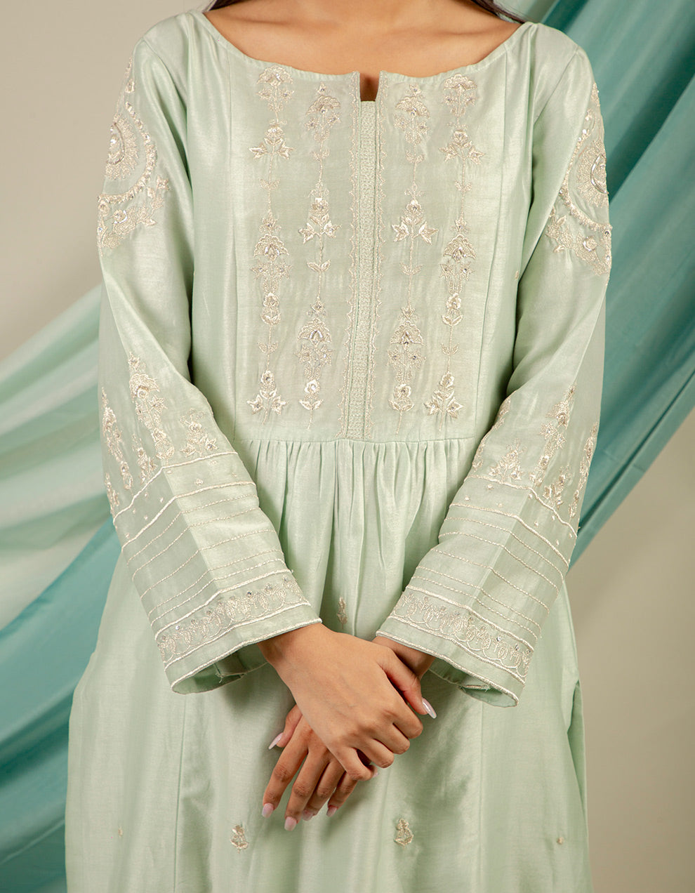 Pastel green embroidery chanderi silk kurta