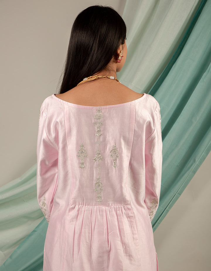 Light pink hand embroidery chanderi silk kurta