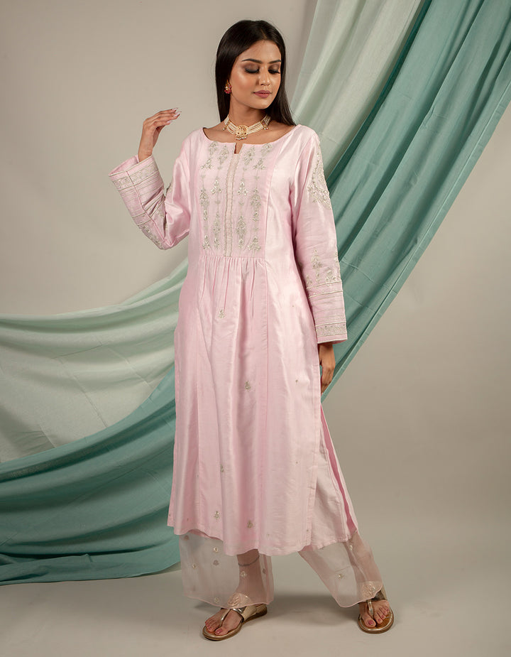 Light pink hand embroidery chanderi silk kurta