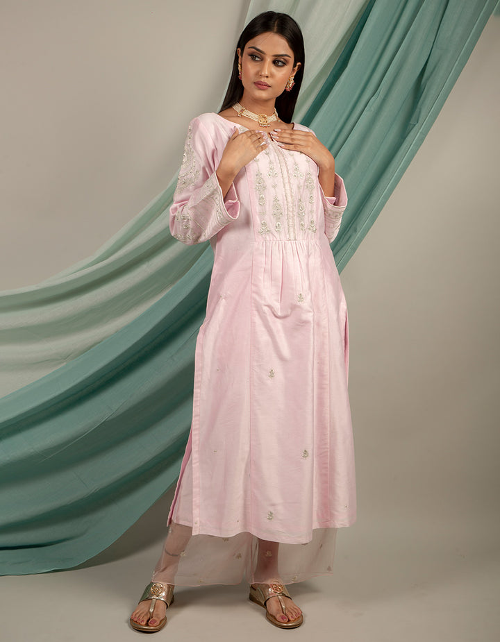 Light pink hand embroidery chanderi silk kurta