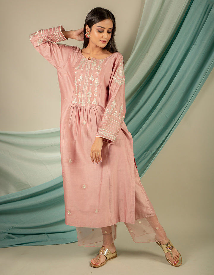 Old rose embroidery chanderi silk kurta