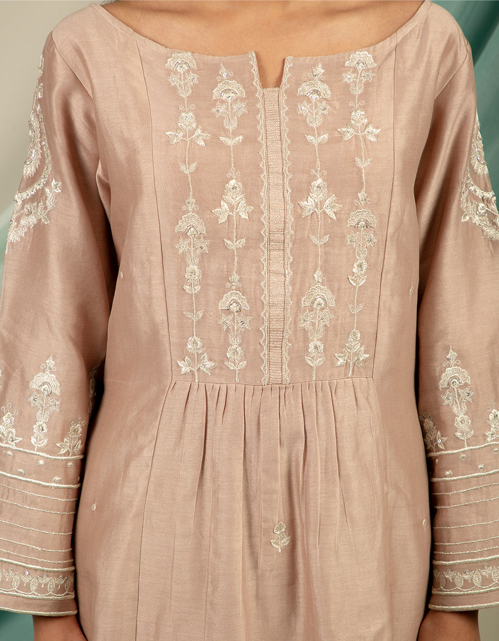 Silver brown embroidery chanderi silk kurta