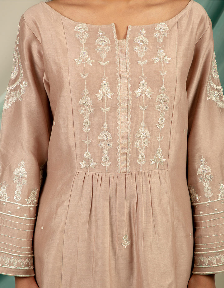 Silver brown embroidery chanderi silk kurta