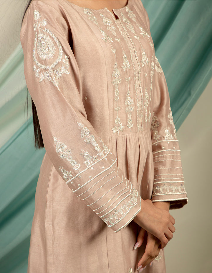 Silver brown embroidery chanderi silk kurta