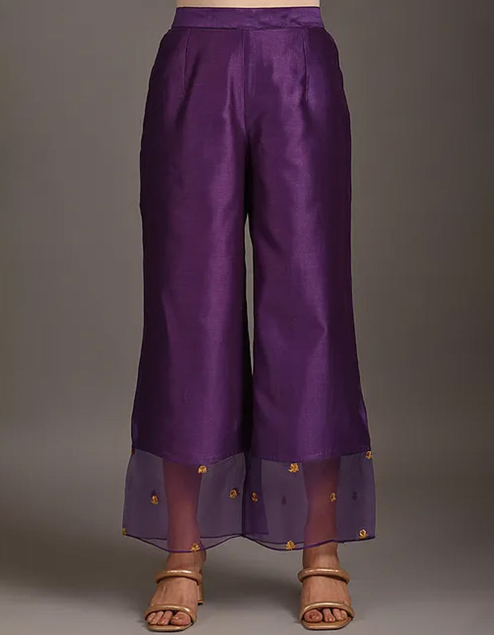 Purple embroidery chanderi silk kurta with silk pants and organza dupatta- Set of 3