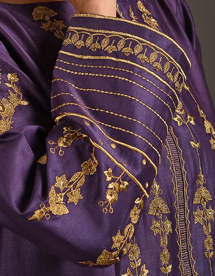 Purple embroidery chanderi silk kurta with silk pants and organza dupatta- Set of 3