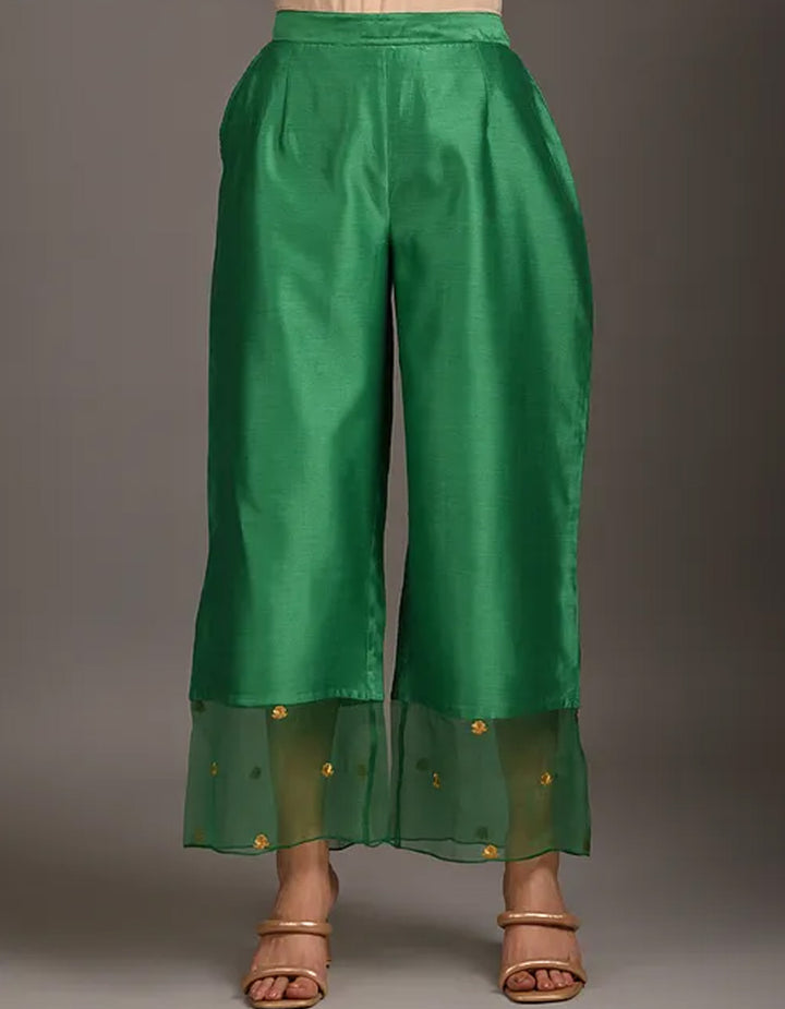 Green embroidery chanderi silk kurta with silk pants and organza dupatta- Set of 3