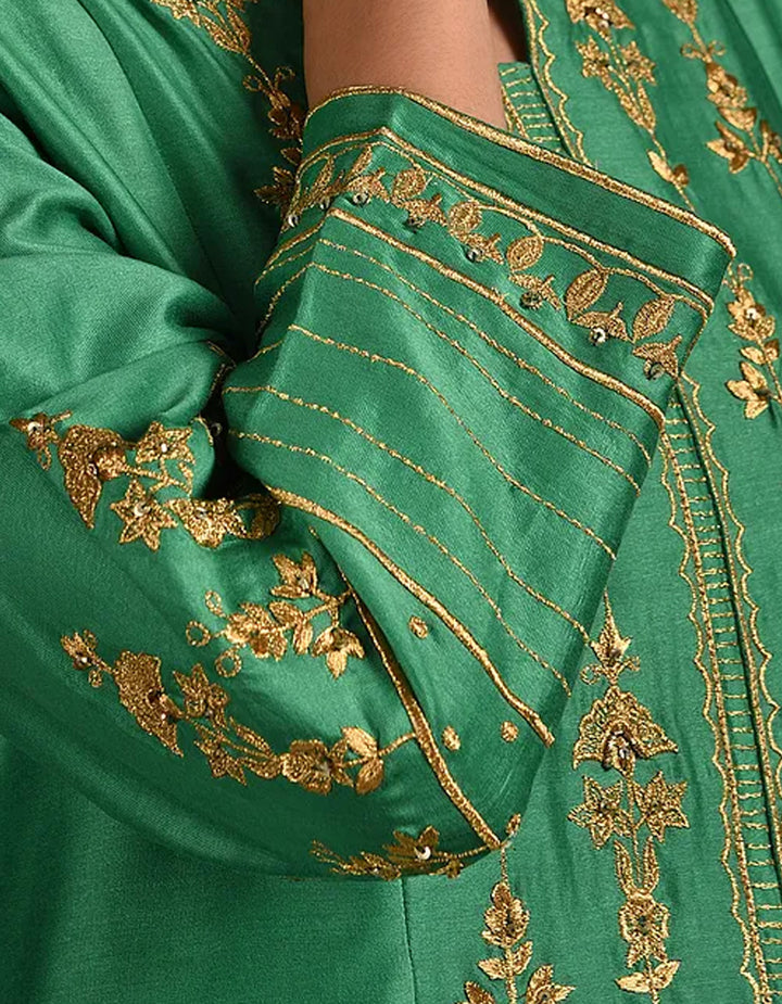 Green embroidery chanderi silk kurta with silk pants and organza dupatta- Set of 3