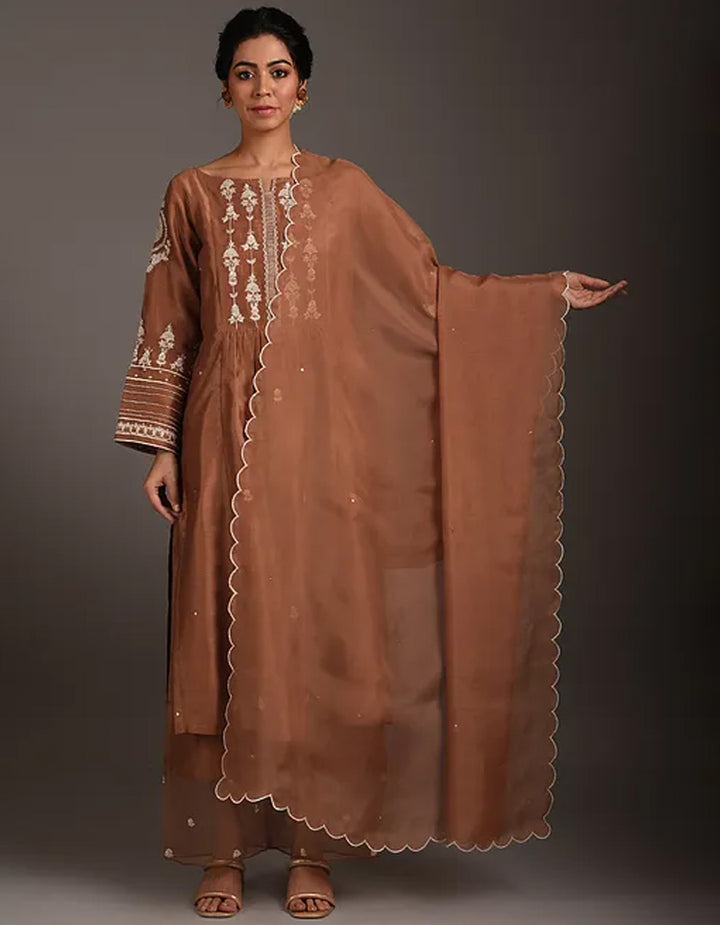 Brown embroidery chanderi silk kurta with silk pants and organza dupatta- Set of 3