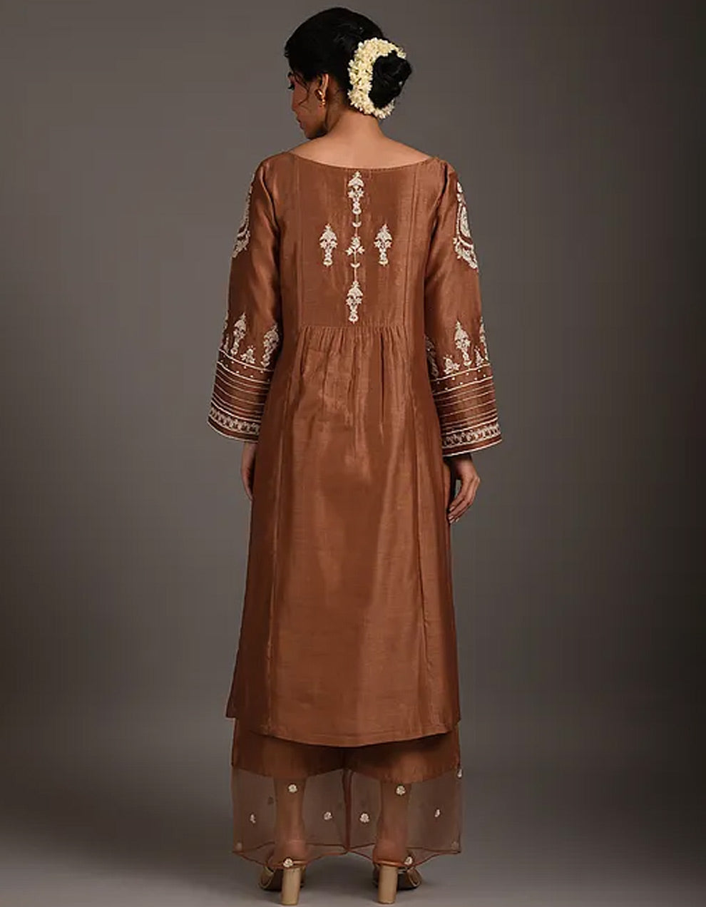 Brown embroidery chanderi silk kurta with silk pants and organza dupatta- Set of 3