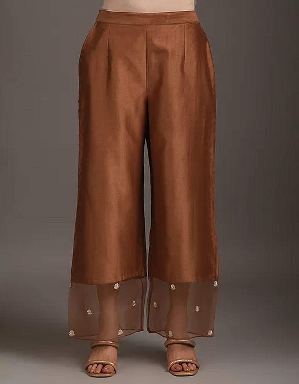 Brown embroidery chanderi silk pants