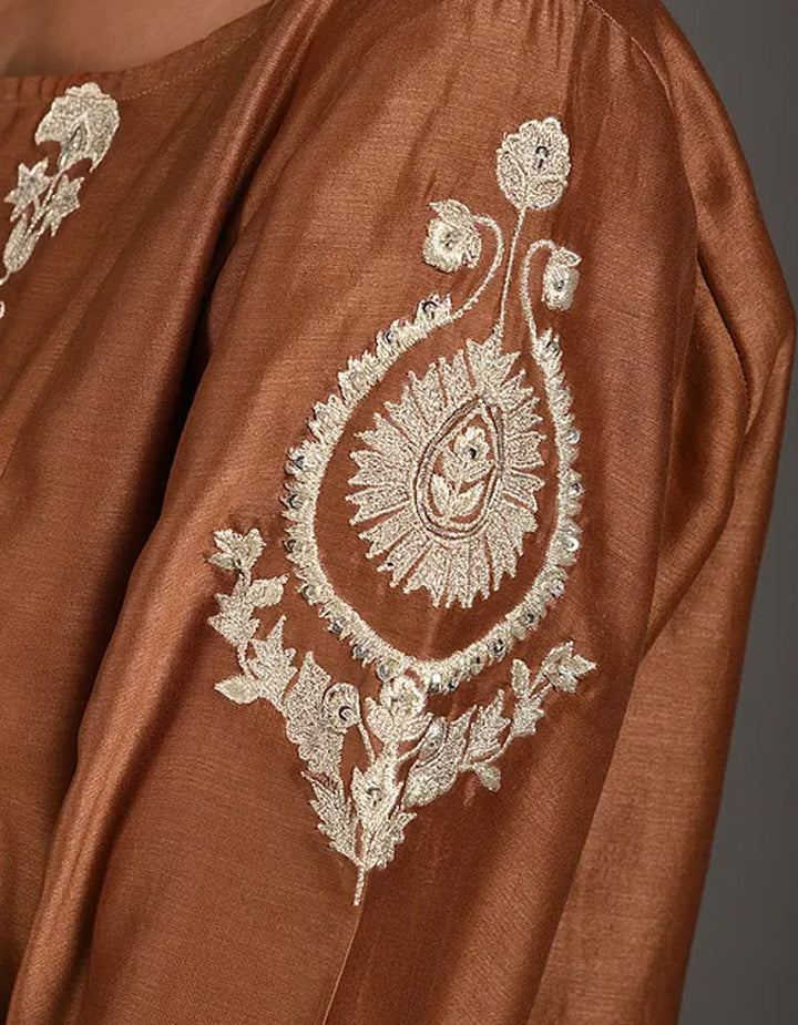 Brown  embroidery chanderi silk kurta