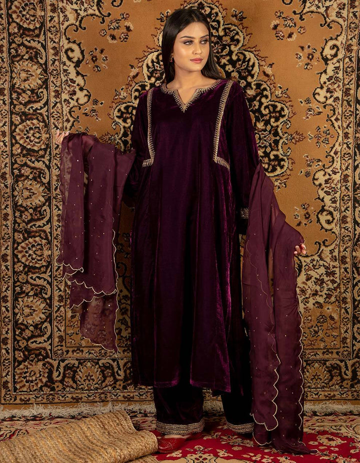 Purple silk velvet kurta with pants and tissue organza dupatta- Set of 3