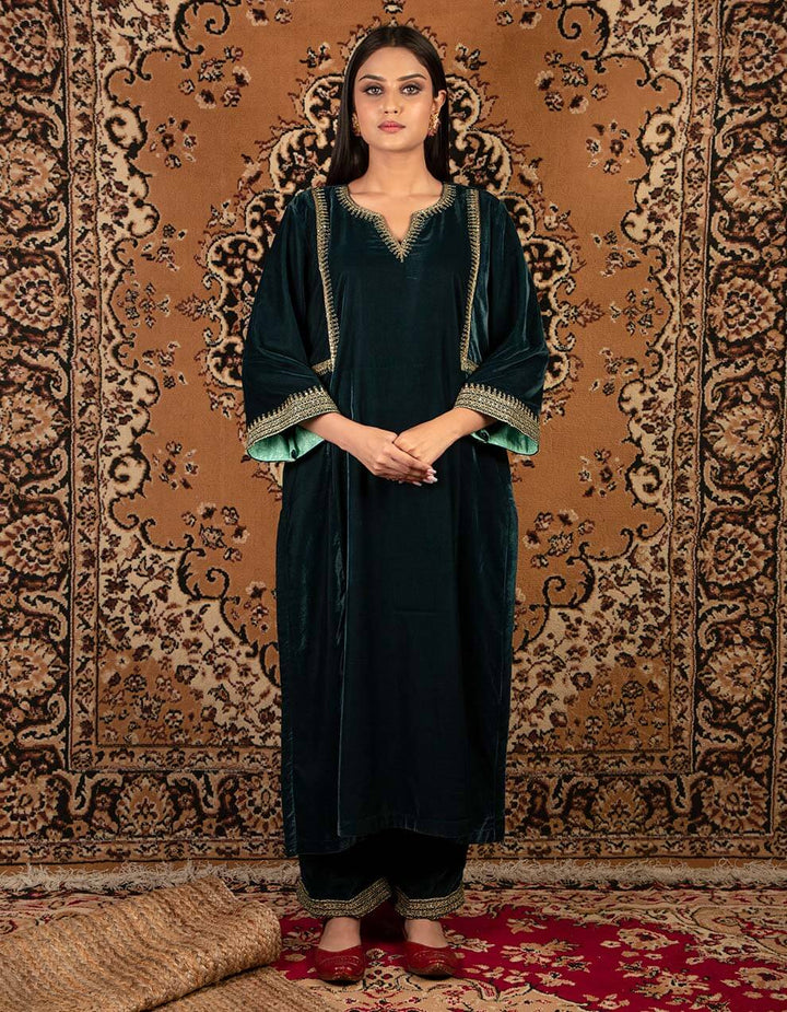 Teal blue silk velvet kurta